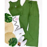 Sweet solid color short vest drawstring high waist straight trousers fashion casual suit