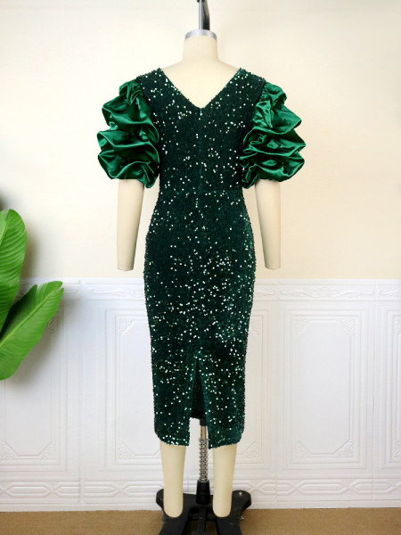 Sexy V-Neck Heaps Sleeve Dress High Waist V-Back Party Sequins Dress
