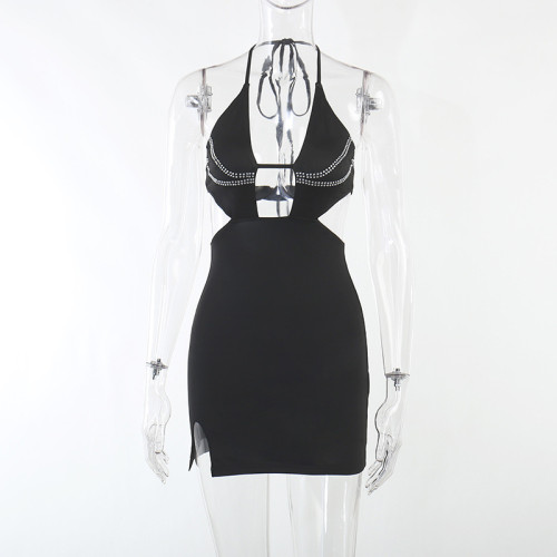 Hot drill strap neck hook sexy hollow small split dress revealing backpack hip skirt