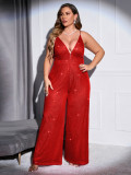 Large Women's Sleeveless Backless Solid Sequins Slim Fit Fashion Slim Jumpsuit