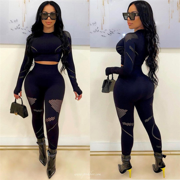 Round Neck Hollow out Long Sleeve Top High Waist Slim Tight Pants Set