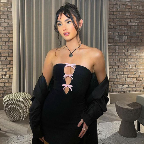 Temperament Bowknot Hollow out Bra Dress Sexy Spice Girl Slim Party Wrap Hip Dress