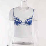 Bra printed Spice Girl Short T-shirt Round Neck Short Sleeve Slim Versatile Top