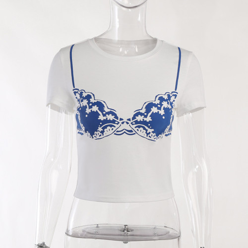 Bra printed Spice Girl Short T-shirt Round Neck Short Sleeve Slim Versatile Top