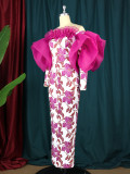 Off the neck dress Banquet party screen print dress