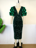 Sexy V-Neck Heaps Sleeve Dress High Waist V-Back Party Sequins Dress