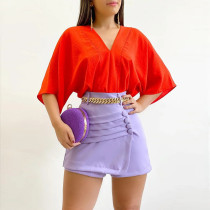 Solid loose large V-neck bat sleeve short sleeve women's shirt