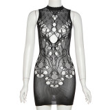 Sexy round neck jacquard mesh high waist tight solid color hip wrap dress