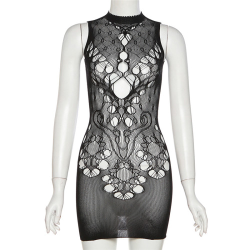 Sexy round neck jacquard mesh high waist tight solid color hip wrap dress