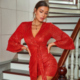 Women's beaded one-piece dress temperament waist tight sexy short skirt lace up V-neck 3/4 sleeves