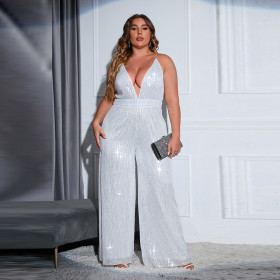Large Women's Sleeveless Backless Solid Sequins Slim Fit Fashion Slim Jumpsuit