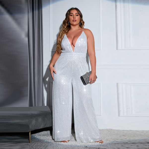 Large Women's Sleeveless Backless Solid Sequins Slim Fit Fashion Slim Jumpsuit
