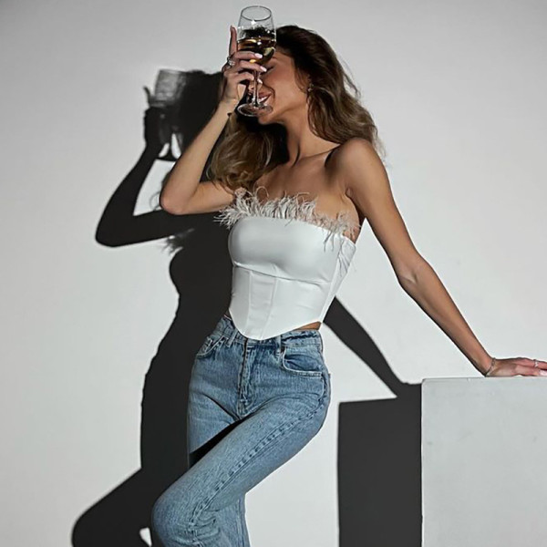 Sexy fur edge waist bandeau top, backless, versatile, hot girl vest