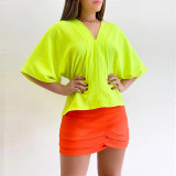 Solid loose large V-neck bat sleeve short sleeve women's shirt