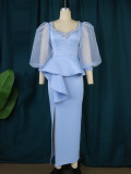 Square Neck Studded Beads Perspective Lantern Sleeve Dress Elegant Party Dress One Step Dress