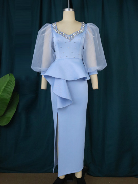 Square Neck Studded Beads Perspective Lantern Sleeve Dress Elegant Party Dress One Step Dress