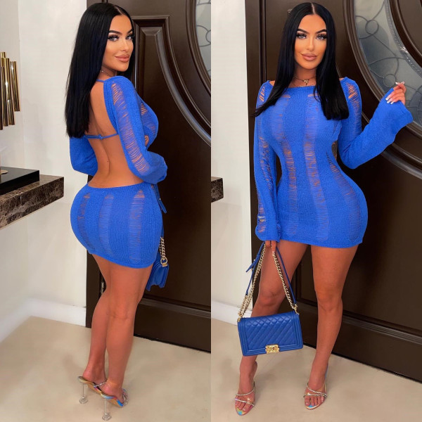 Sexy Hollow Thin Long Sleeve Top Round Neck Hollow Back Dress