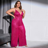 Large Women's Sleeveless Backless Solid Sequins Slim Fit Fashion Slim Jumpsuit