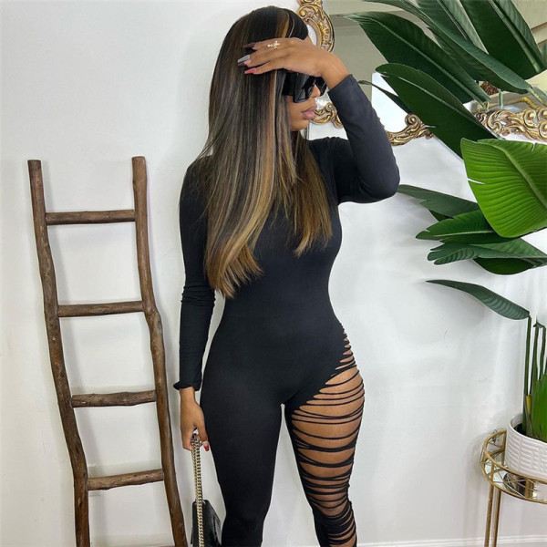 Women's solid color long sleeve slim high waist hollow sports jumpsuit