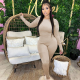 Round Neck Hollow out Long Sleeve Top High Waist Slim Tight Pants Set