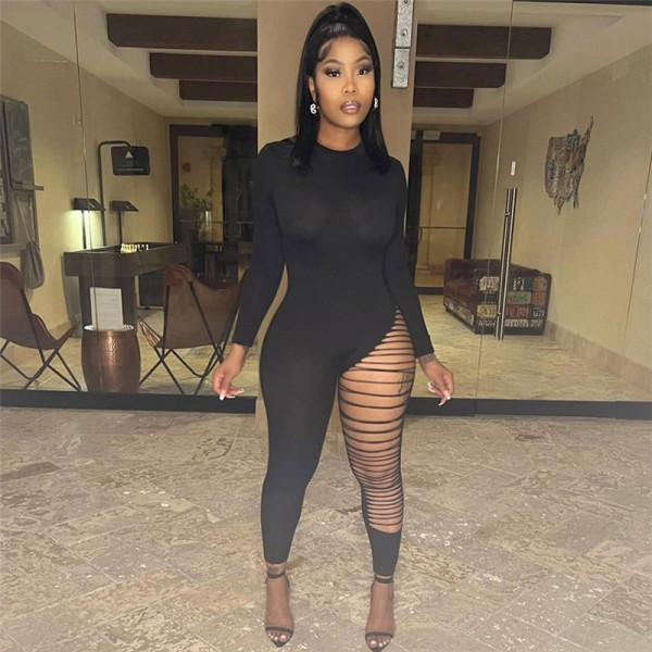 Women's solid color long sleeve slim high waist hollow sports jumpsuit