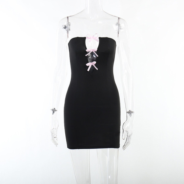 Temperament Bowknot Hollow out Bra Dress Sexy Spice Girl Slim Party Wrap Hip Dress