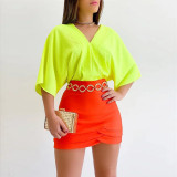 Solid loose large V-neck bat sleeve short sleeve women's shirt