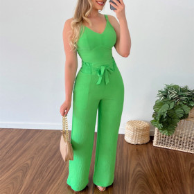 V-Neck Short Tank Top Lace up High Waist Patch Pocket Straight Pants Casual Set