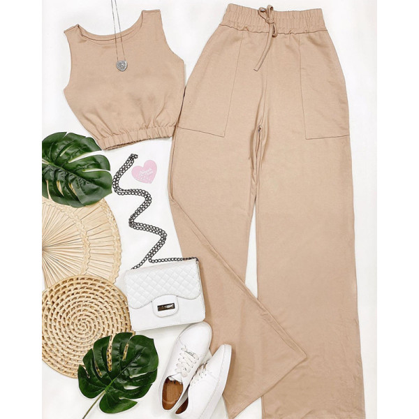 Sweet solid color short vest drawstring high waist straight trousers fashion casual suit