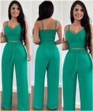 V-Neck Short Tank Top Lace up High Waist Patch Pocket Straight Pants Casual Set
