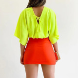 Solid loose large V-neck bat sleeve short sleeve women's shirt