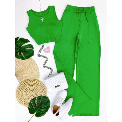 Sweet solid color short vest drawstring high waist straight trousers fashion casual suit