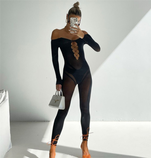 Sexy mesh perspective one-line neck hollow high-waisted trousers tight-fitting jumpsuit