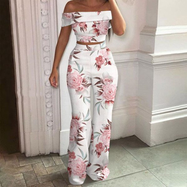 Two-piece set of short printed vest, high waist wide leg pants, women's casual suit