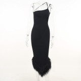 Single-shoulder neck hanging back cross strap wool swing dress sexy party dress