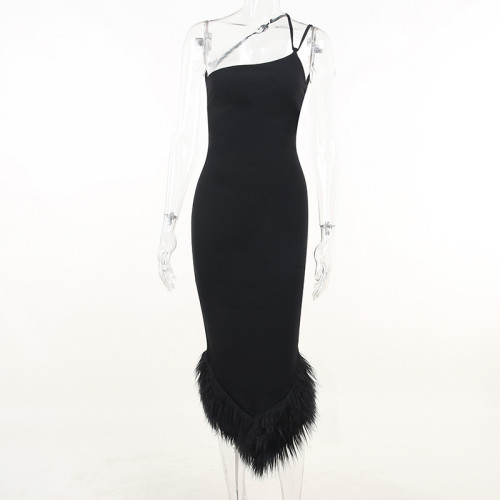 Single-shoulder neck hanging back cross strap wool swing dress sexy party dress