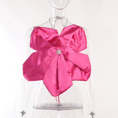 Temperament hanging neck large flower tie top open back design casual vest