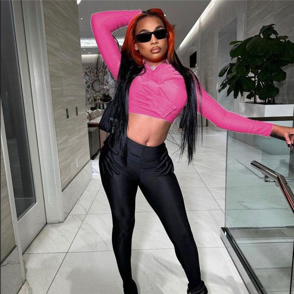 Women's solid color slim top high waist sports casual suit