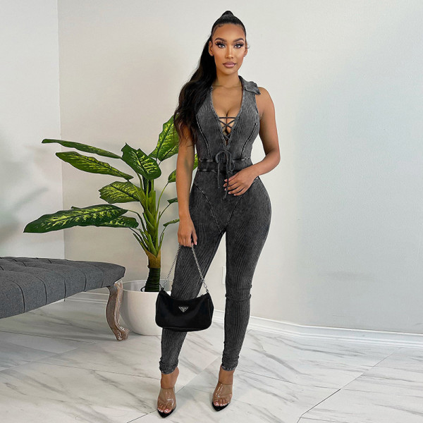 Lapel strap sexy chest tight-fitting hip jumpsuit fashion women's wear