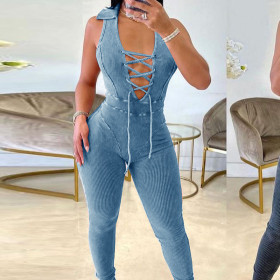 Lapel strap sexy chest tight-fitting hip jumpsuit fashion women's wear