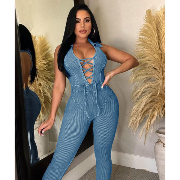 Lapel strap sexy chest tight-fitting hip jumpsuit fashion women's wear