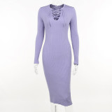 Knitted strapping tight-fitting dress sexy black buttock binding hollowed-out long-sleeved V-neck long skirt