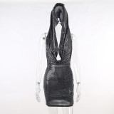 Slender sexy pocket neck hanging neck dress backless party bar buttock skirt