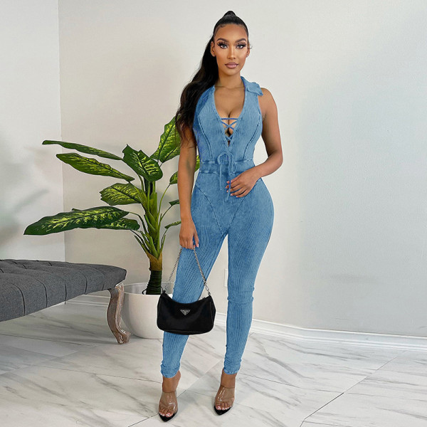 Lapel strap sexy chest tight-fitting hip jumpsuit fashion women's wear