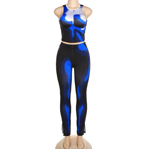 Printed round-neck sleeveless tank top high-waisted slim pants suit