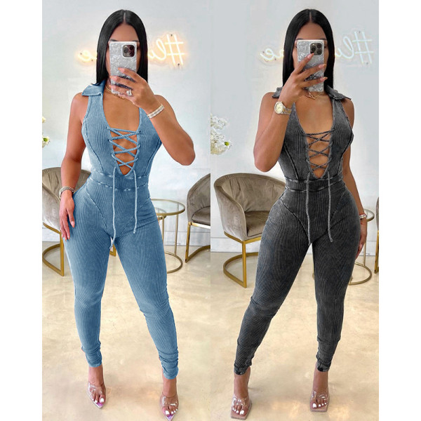Lapel strap sexy chest tight-fitting hip jumpsuit fashion women's wear