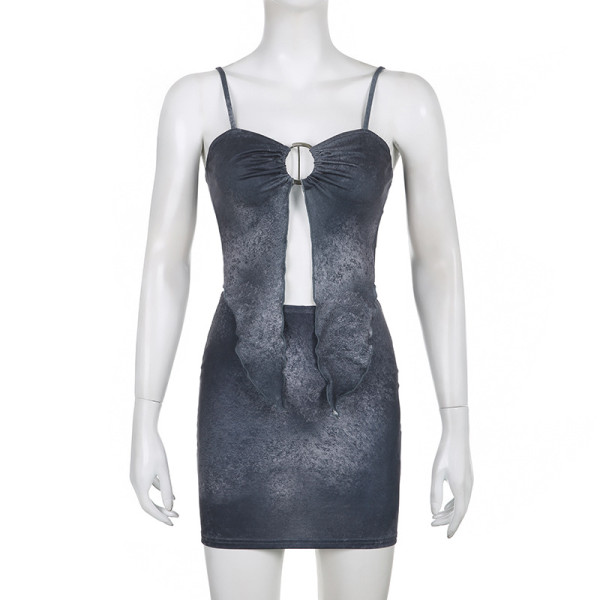 Wood ear edge irregular hollowed-out ring splicing suspender vest skirt suit two-piece set