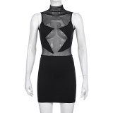 Sexy women's gauze patchwork half-high neckline tight-fitting sleeveless dress with buttocks skirt