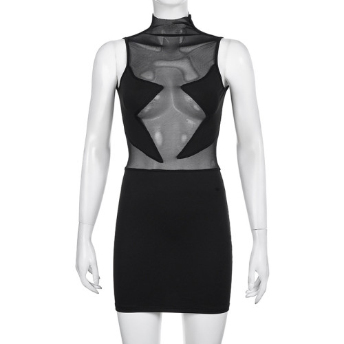 Sexy women's gauze patchwork half-high neckline tight-fitting sleeveless dress with buttocks skirt