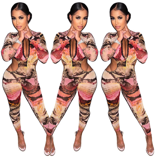 Temperament slim deep V open waist printed jumpsuit